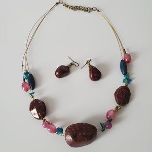 Necklace and Earring Set Brown, Turquoise and Lavender